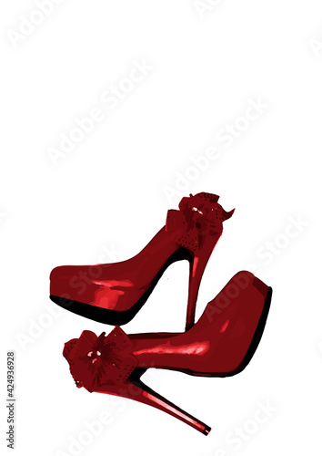 Dressed shoes on the platform with a bow on a high thin heel. Shoes. Red
