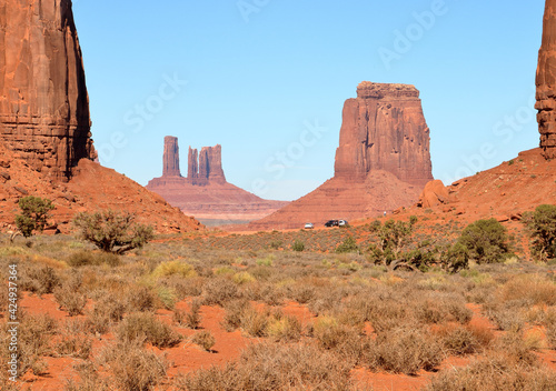 North Window viewpoint showing East Mitten butte to the right with Stagecoach butte in the distance, Monument Valley, Arizona