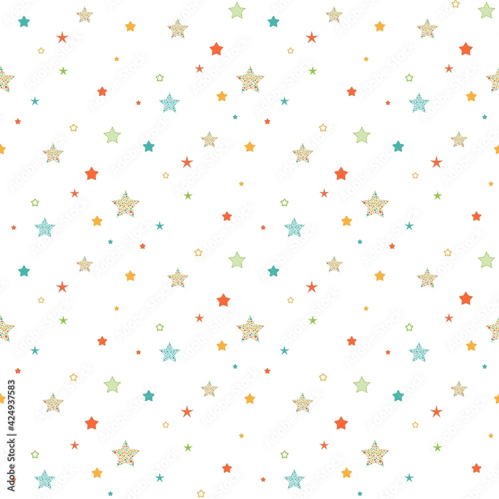 Seamless cute pattern with little different colorful stars, dots and circles on white background.