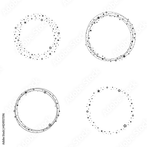 Holiday round frame with stars and glitter dots on white background.