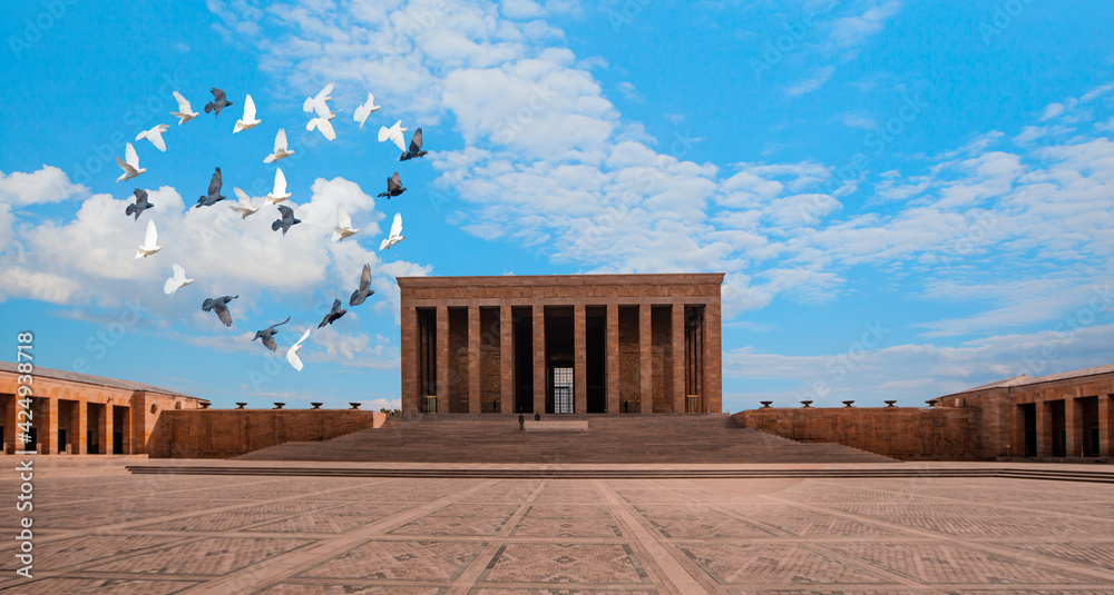 Anitkabir with heart shaped flying pigeons - Mausoleum of Ataturk, Ankara Turkey