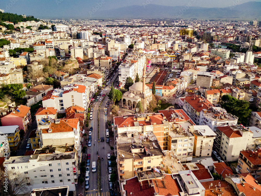Aerial photograph of the capital of Aydin province - Aydin city from high point of drone fly in sunny day in Turkey. Amazing aerial cityscape view from birds fly altitude on beautiful city centre and 