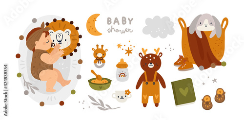 Baby shower set with little girl or boy. Newborn baby essential collection in boho style. Аccessories for newborn. Baby must haves. Nursery products for first year of life