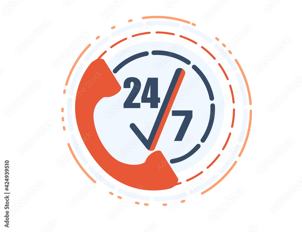 Call center service icon with phone handset and 24-7 vector illustration on white background Call center service icon with phone handset and 24-7 vector illustration on white background