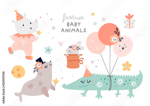 Circus animals, Cute crocodile, sea seal, bunny, rabbit, rhinoceros with party decoration elements. Cartoon vector illustration for kids. Ideal for cards, poster, prints, anniversary