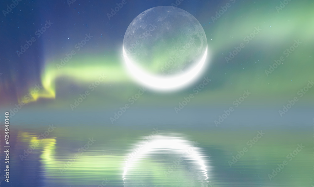 Ramadan Kareem background -Crescent, stars and sea sunset with lot of stars Ramadan Kareem background -Crescent, stars and sea sunset with lot of stars