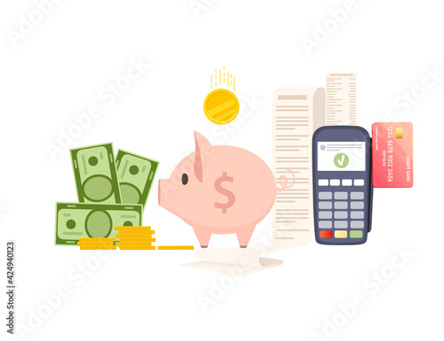 POS terminal payment machine with paper bill check and piggy bank approve transaction concept vector illustration on white background