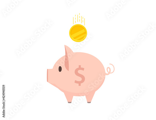 Pink piggy bank with falling gold coin vector illustration on white background