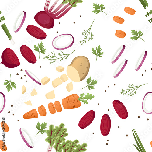 Seamless pattern sliced vegetables with beet potato and carrot colored food icons for cooking vector illustration on white background