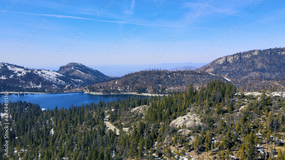 4K Aerial drone photo of mountain lake California