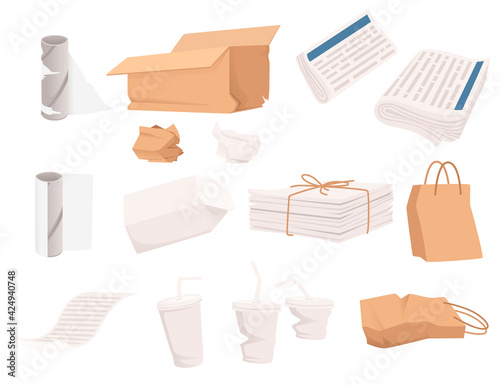 Set of paper waste and garbage vector illustration isolated on white background