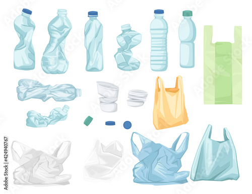 Set of plastic trash bags and bottles recycling ecology problem vector illustration isolated on white background