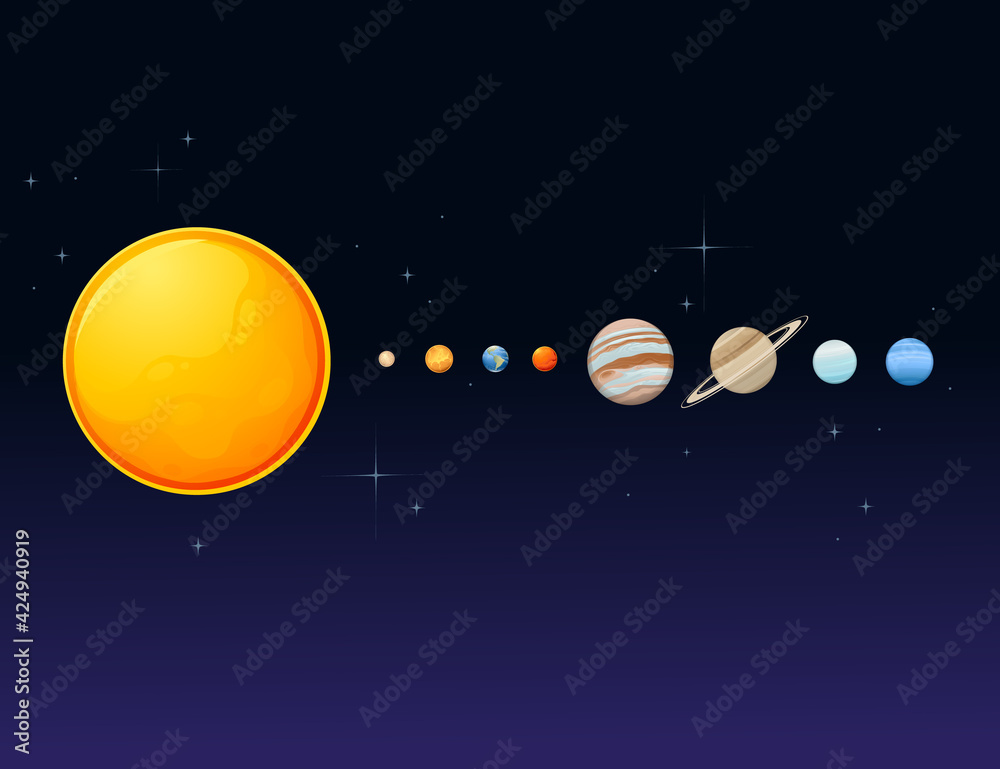 Fototapeta premium Solar system with sun and planets space objects vector illustration on dark deep sky with stars background