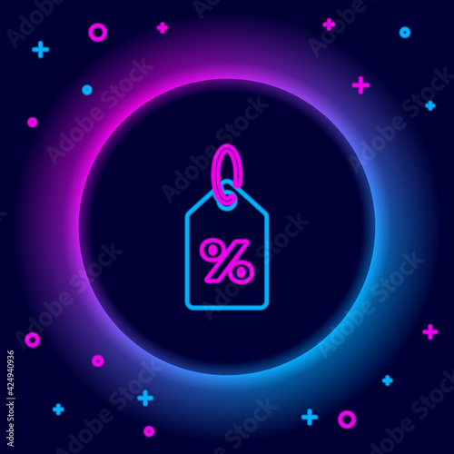 Glowing neon line Discount percent tag icon isolated on black background. Shopping tag sign. Special offer sign. Discount coupons symbol. Colorful outline concept. Vector
