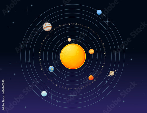 Solar system model with sun asteroid belt and planets space objects vector illustration on deep sky background
