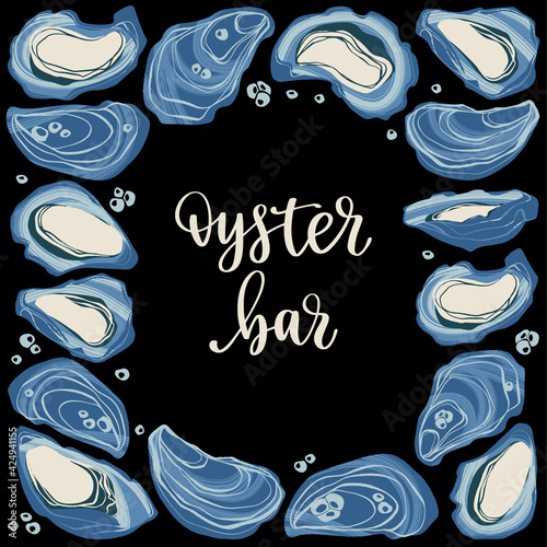 Oyster bar. Decorative poster with oysters and hand written lettering.