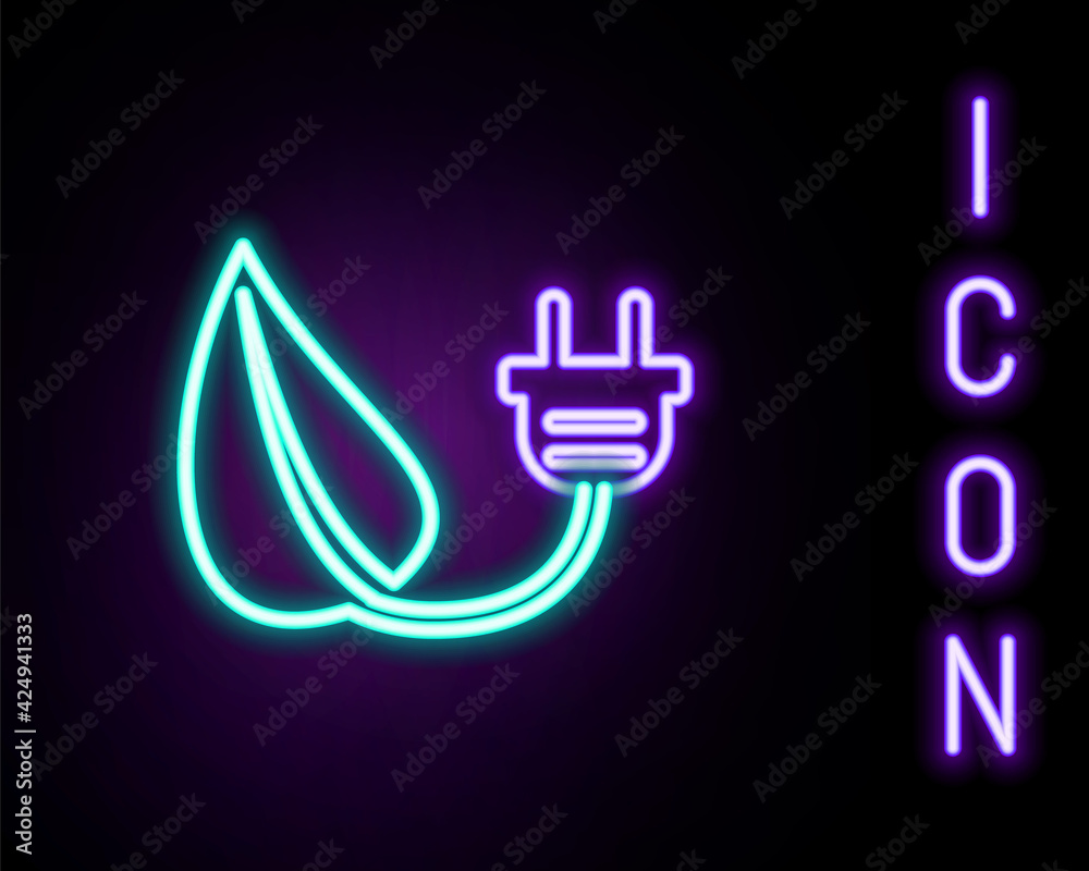Glowing neon line Electric saving plug in leaf icon isolated on black background. Save energy electricity icon. Environmental protection icon. Bio energy. Colorful outline concept. Vector Glowing neon line Electric saving plug in leaf icon isolated on black background. Save energy electricity icon. Environmental protection icon. Bio energy. Colorful outline concept. Vector