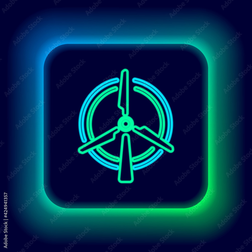 Glowing neon line Rotating wind turbine icon isolated on black background. Wind generator sign. Windmill for electric power production. Colorful outline concept. Vector