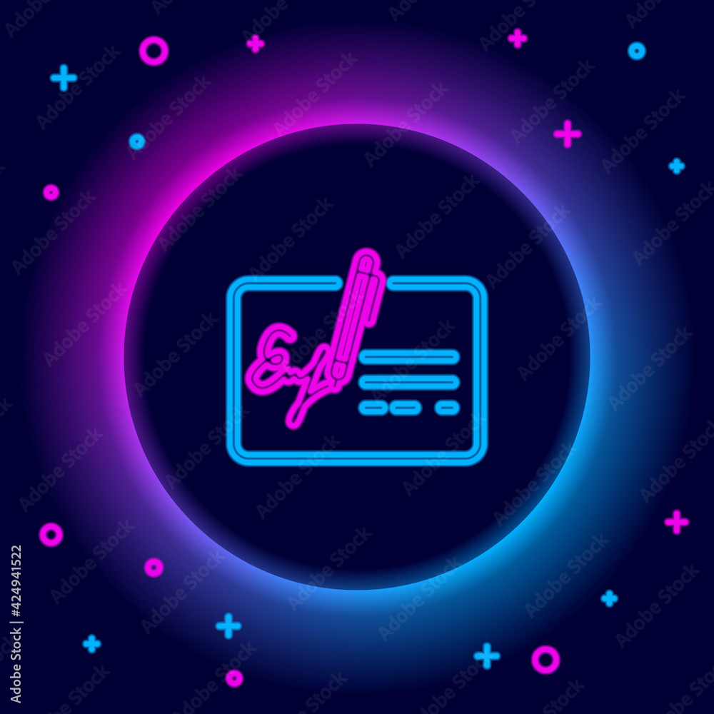 Glowing neon line Signed document line icon isolated on black background. Pen signing a contract with signature. Edit document sign. Colorful outline concept. Vector Glowing neon line Signed document line icon isolated on black background. Pen signing a contract with signature. Edit document sign. Colorful outline concept. Vector