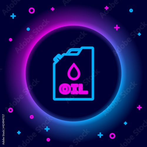 Glowing neon line Plastic canister for motor machine oil icon isolated on black background. Oil gallon. Oil change service and repair. Engine oil sign. Colorful outline concept. Vector
