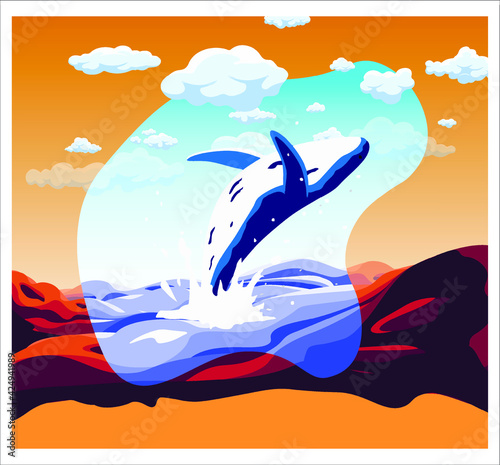 vector image of a jumping whale in the ocean