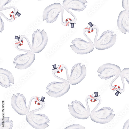 Swans in love. Seamless pattern. Watercolor illustration. Suitable for wedding decoration photo