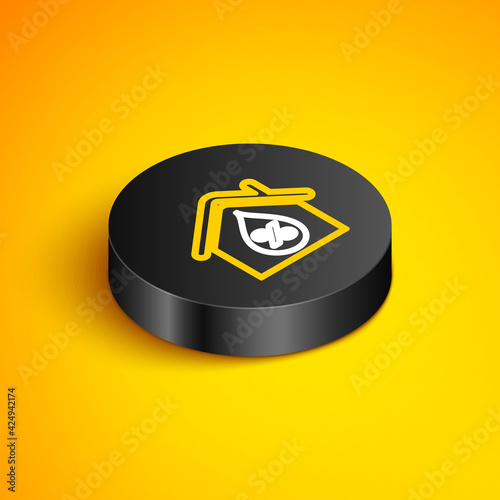 Isometric line House humidity icon isolated on yellow background. Weather and meteorology, thermometer symbol. Black circle button. Vector