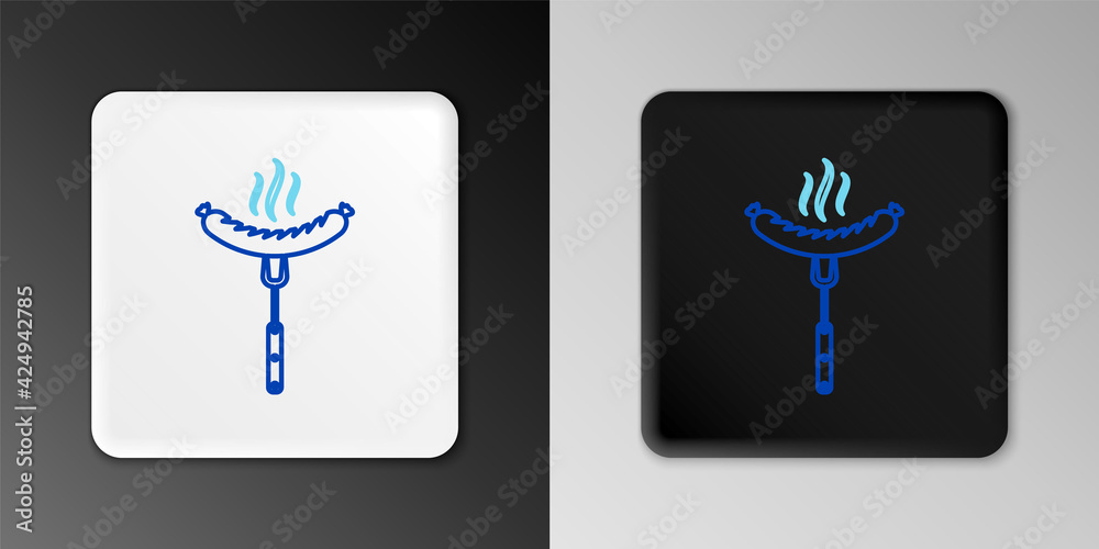 Line Sausage on the fork with steam icon isolated on grey background. Grilled sausage and aroma sign. Colorful outline concept. Vector