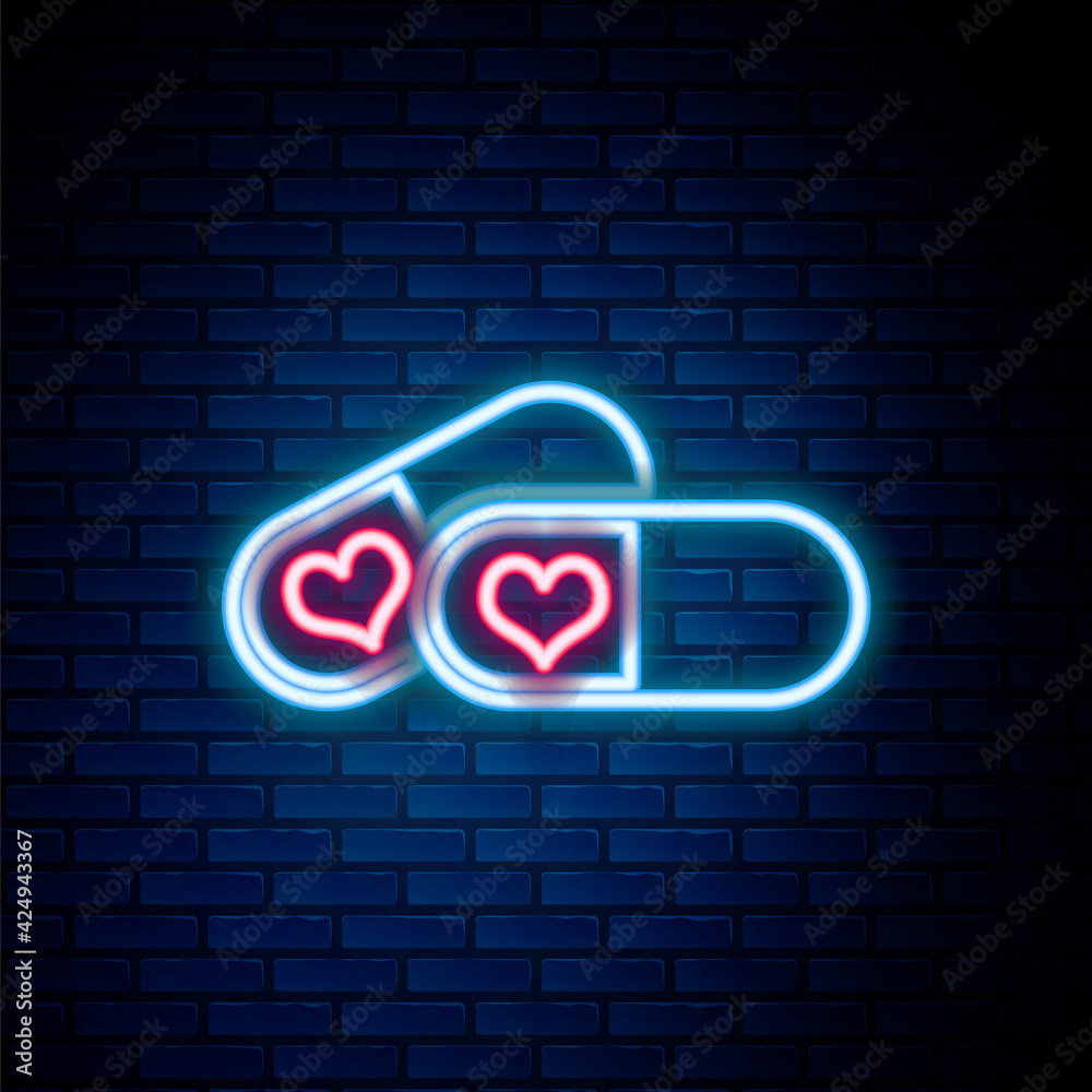 Glowing neon line Pills for potency, aphrodisiac icon isolated on brick wall background. Sex pills for men and women. Colorful outline concept. Vector Glowing neon line Pills for potency, aphrodisiac icon isolated on brick wall background. Sex pills for men and women. Colorful outline concept. Vector