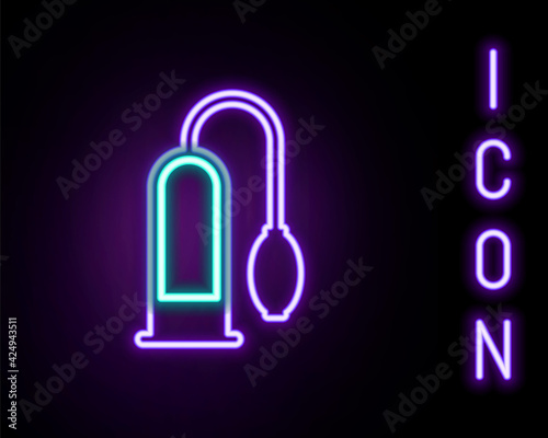 Glowing neon line Penis pump icon isolated on black background. Penis enlarger. Sex toy for men. Vacuum pump with a blower to increase the penis. Colorful outline concept. Vector