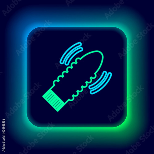 Glowing neon line Dildo vibrator for sex games icon isolated on black background. Sex toy for adult. Vaginal exercise machines for intimate. Colorful outline concept. Vector