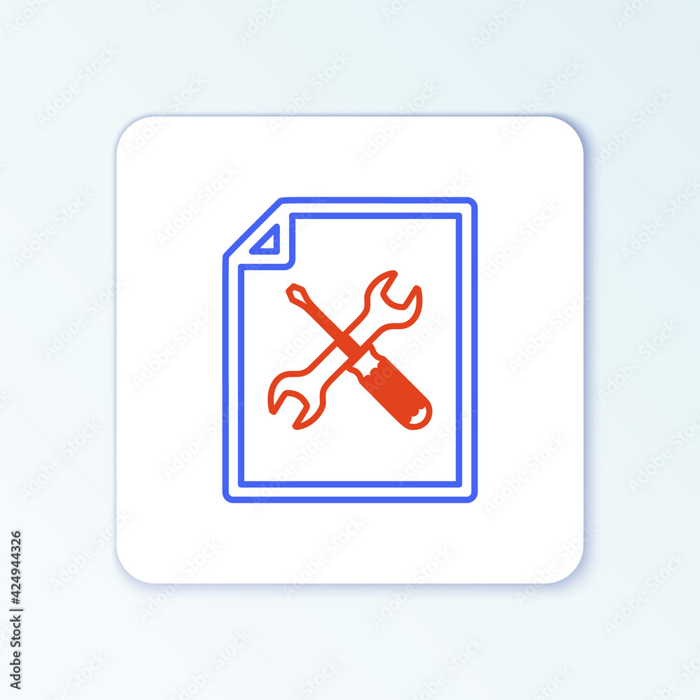 Line File document with screwdriver and wrench icon isolated on white background. Adjusting, service, setting, maintenance, repair, fixing. Colorful outline concept. Vector Line File document with screwdriver and wrench icon isolated on white background. Adjusting, service, setting, maintenance, repair, fixing. Colorful outline concept. Vector