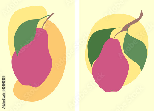 Vector flat design illustrations : branches with red pears and green leaves on abstract yellow spots. Minimalism, warm colors. Elements for card, poster, invitation, interior picture