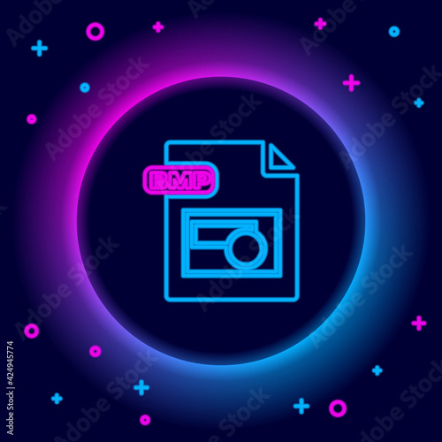 Glowing neon line BMP file document. Download bmp button icon isolated on black background. BMP file symbol. Colorful outline concept. Vector photo