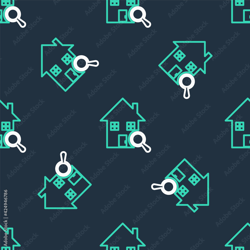 Line Search house icon isolated seamless pattern on black background. Real estate symbol of a house under magnifying glass. Vector Line Search house icon isolated seamless pattern on black background. Real estate symbol of a house under magnifying glass. Vector