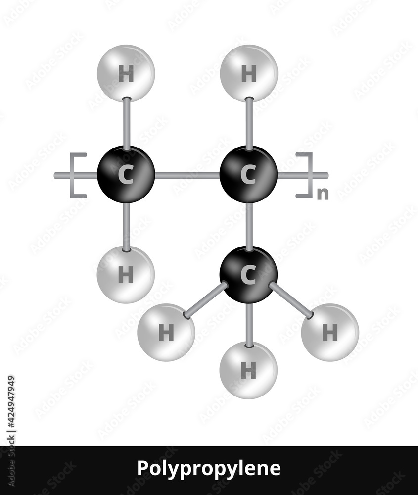 Vector ball-and-stick model of thermoplastic polymer polypropylene or polypropene PP, from the monomer propylene. Aliphatic hydrocarbon compound, polyolefins. The icon is isolated on white background.
