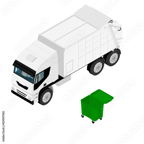 Garbage truck and green plastic container isolated on white background