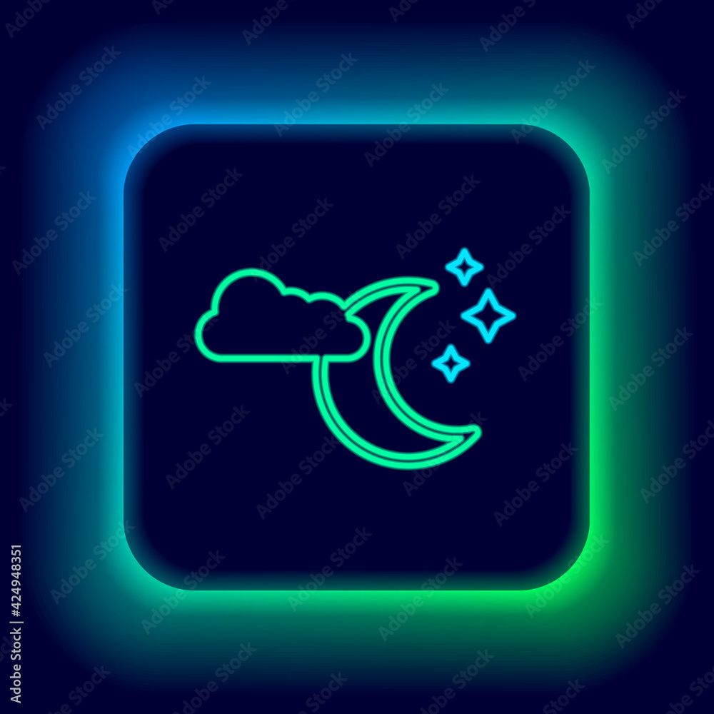 Glowing neon line Cloud with moon and stars icon isolated on black background. Cloudy night sign. Sleep dreams symbol. Night or bed time sign. Colorful outline concept. Vector Glowing neon line Cloud with moon and stars icon isolated on black background. Cloudy night sign. Sleep dreams symbol. Night or bed time sign. Colorful outline concept. Vector