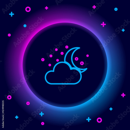 Glowing neon line Cloud with moon and stars icon isolated on black background. Cloudy night sign. Sleep dreams symbol. Night or bed time sign. Colorful outline concept. Vector
