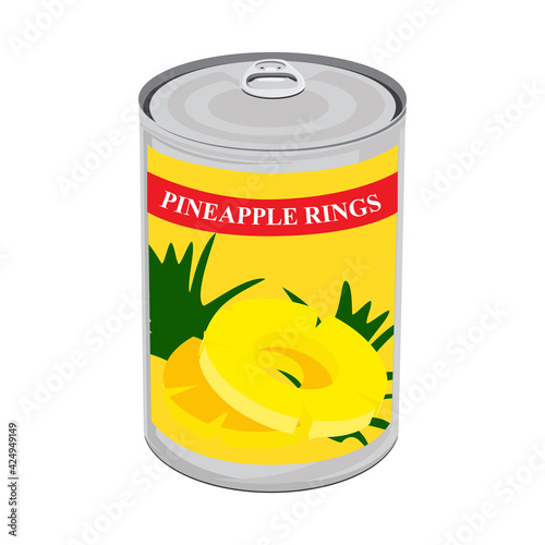 Pineapple rings in aluminum can isolated on white background.