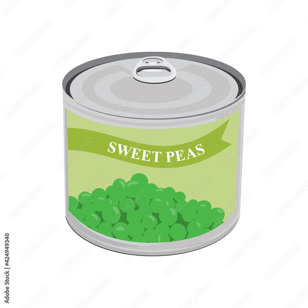 Green sweet peas tin can isolated on white background. Canned food. Green sweet peas tin can isolated on white background. Canned food.