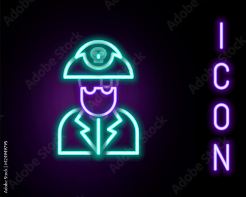 Glowing neon line Pirate captain icon isolated on black background. Colorful outline concept. Vector