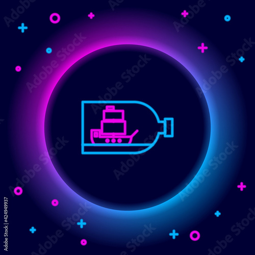 Glowing neon line Glass bottle with ship inside icon isolated on black background. Miniature model of marine vessel. Hobby and sea theme. Colorful outline concept. Vector
