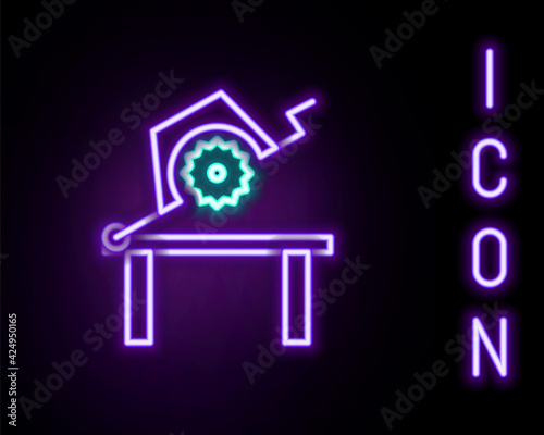 Glowing neon line Table saw for woodwork icon isolated on black background. Power saw bench. Colorful outline concept. Vector
