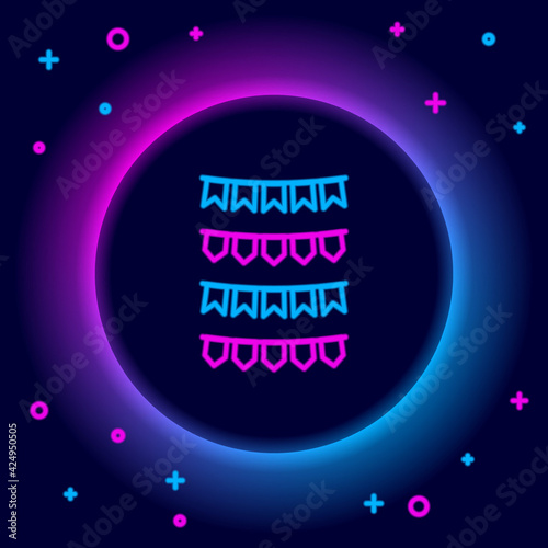 Glowing neon line Carnival garland with flags icon isolated on black background. Party pennants for birthday celebration, festival and fair decoration. Colorful outline concept. Vector