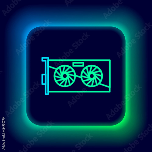 Glowing neon line Video graphic card icon isolated on black background. Colorful outline concept. Vector