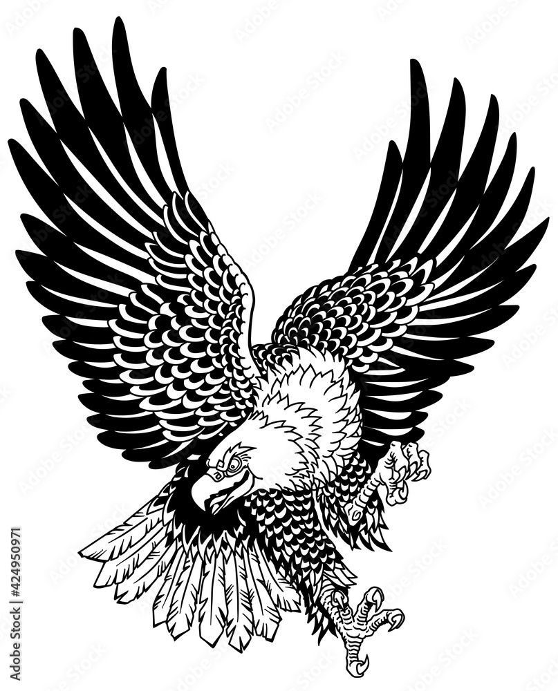 American whitehead bald eagle in the flight. Landing attacking prey bird. Tattoo style black and white vector illustration American whitehead bald eagle in the flight. Landing attacking prey bird. Tattoo style black and white vector illustration