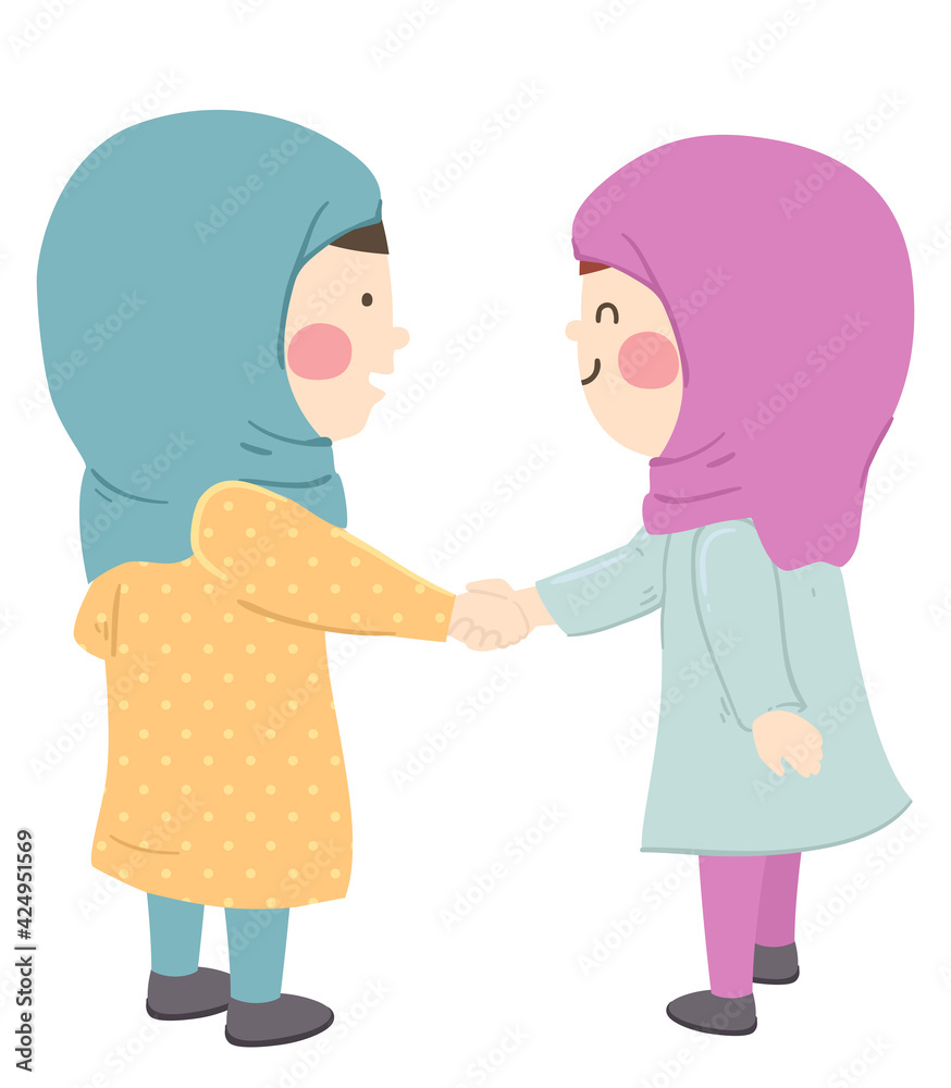 Kids Girls Muslim Shake Hands Illustration Kids Girls Muslim Shake Hands Illustration