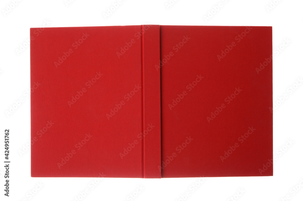 Open book with red cover on white background, top view Open book with red cover on white background, top view