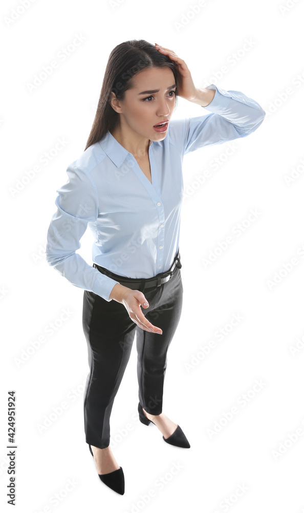 Young stressed businesswoman in elegant suit on white background Young stressed businesswoman in elegant suit on white background
